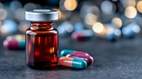 Brown glass medicine bottle with colorful pharmaceutical capsules scattered on dark surface against blurred bokeh lights background. Healthcare and medical concept.