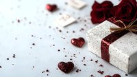 White gift box with red ribbon and scattered glitter hearts on light background. Romantic holiday composition with sparkly decorative elements and rose petals.
