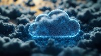 Glowing digital cloud symbol floating in dark stormy sky with sparkles and particles, representing cloud computing and data storage technology.