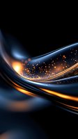 Dynamic waves of blue and gold light create abstract flowing curves with glowing particles and bokeh effects against dark background. Suitable for luxury designs.