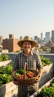 Urban farmer holding basket of fresh vegetables on rooftop garden with city skyline in background. Middle-aged Caucasian male wearing straw hat and plaid shirt, smiling while displaying harvested produce including carrots and radishes.