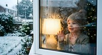 Young child in knit hat gazing through frosted window at snowy winter landscape with warm indoor lighting creating cozy holiday atmosphere for seasonal campaigns.