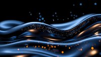 Abstract flowing waves with golden particles and blue light effects on dark background for digital art and modern design projects.