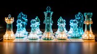 Glowing glass chess pieces in blue and gold colors on illuminated chessboard, strategic game concept with dramatic lighting and reflective surface.