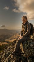 Middle-aged woman with shoulder-length brown hair, Caucasian ethnicity, sitting on rocky mountain peak wearing black jacket and backpack, gazing at expansive valley landscape below during golden hour. Adventure and hiking concept.