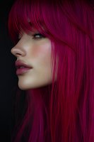 Side profile portrait with vibrant magenta hair against dark background, highlighting full lips, freckled skin and straight bangs. Perfect for beauty and fashion advertising.