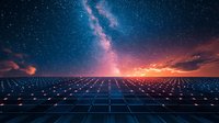 Solar panels field under starry night sky with Milky Way galaxy and dramatic sunset clouds creating futuristic renewable energy landscape.