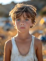 Portrait of a young Caucasian child with striking blue eyes and tousled light brown hair in white tank top, captured during golden hour with soft natural lighting and shallow depth of field.