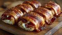 Freshly baked bacon-wrapped chicken breasts with golden crispy exterior on wooden cutting board for gourmet cooking and meal preparation recipes.