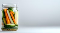 Fresh cucumber and carrot sticks in glass mason jar on light background, healthy snack for diet and nutrition, vegetable preservation concept.