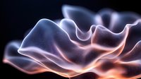 Ethereal flowing waves in blue and orange create abstract light pattern against dark background, glowing translucent shapes with smooth gradients and soft curves.