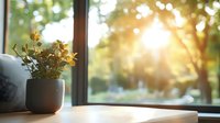 Tranquil morning sunlight streaming through window with potted plant on wooden table, creating warm atmosphere and bokeh effect in cozy home interior setting.