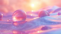 Transparent water droplets on purple and pink surface with glowing bokeh lights and dreamy sunset atmosphere.