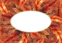 Autumn foliage frame with blank white oval center, featuring vibrant red, orange, and brown fall leaves arranged in circular pattern for seasonal design projects.