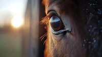 Close-up of chestnut horse eye with long eyelashes reflecting golden sunlight, showing gentle expression and intricate eye detail against blurred sunset background.