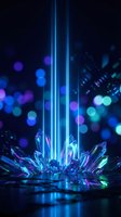 Glowing crystal formation with bright blue laser beams and colorful bokeh lights creating futuristic sci-fi atmosphere for digital art and gaming projects.