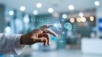 Doctor in white coat touching digital healthcare interface with holographic medical icons and data visualization in modern clinic environment.