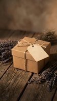 Rustic kraft paper gift box with blank tag and twine bow surrounded by dried lavender sprigs on weathered wooden planks for natural packaging and aromatherapy concepts.