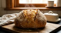 Fresh baked artisan sourdough bread loaf on wooden cutting board in warm kitchen setting with steam rising from golden crust for bakery and cooking concepts.