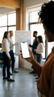 African American businesswoman holding smartphone with blank white screen during office meeting presentation in modern workplace.
