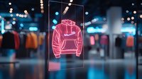 Glowing neon pink hoodie hologram display in modern retail store with blurred clothing racks and bokeh lights background, futuristic shopping experience.