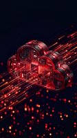 Transparent red neon cloud with circuit board patterns and glowing data streams on dark background. Represents cloud computing, digital infrastructure, and network technology for web design and tech concepts.