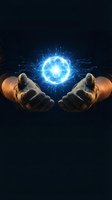 Human hands cupping glowing blue energy sphere with digital circuit patterns and electric sparks on dark background for technology concepts.