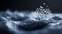 Delicate molecular structure network in monochrome blue tones with bokeh effect and shallow depth of field creating atmospheric scientific composition.