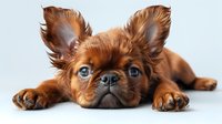 Adorable brown Chihuahua puppy with bright blue eyes lying down on white background, close-up portrait showing expressive face and paws stretched forward.