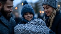 Happy family in winter clothing sharing joyful moment outdoors at dusk, wearing matching blue knit hats and scarves, with soft bokeh lights in background.