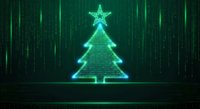 Digital Christmas tree made of glowing green binary code matrix with bright star on top against dark cyber background for holiday tech designs.