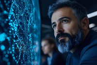 Middle-aged bearded man with gray hair gazing thoughtfully at glowing blue digital display, wearing dark sweater against blurred tech background in modern office setting.