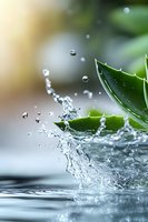 Fresh aloe vera leaf with water splash and droplets on blurred background, capturing dynamic motion of pure water and natural skincare ingredient.