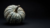 Pale green and white striped decorative pumpkin with ridged texture isolated on dark background, suitable for autumn harvest designs and fall seasonal projects.
