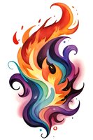 Vibrant flame artwork with swirling rainbow colors merging fire and water elements in fluid motion, isolated on white background for creative design projects.