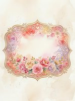 Ornate floral frame with pink roses, peonies, and hydrangeas on cream background. Decorative gold and coral border with scrollwork. Isolated design element for invitations, cards, and wedding stationery projects.