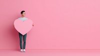 Young Asian man holding large pink heart shape against matching pink background, looking away thoughtfully. Perfect for Valentine's Day or romance concepts.