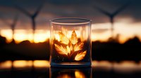 Glowing golden leaves in glass container against dramatic sunset sky, creating magical atmosphere with bokeh light effects and silhouetted background landscape.