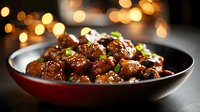 Asian glazed meatballs garnished with green onions in dark ceramic bowl against blurred warm bokeh lights background, appetizing dinner serving.