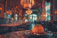Elegant salmon mousse appetizer garnished with red caviar served in luxurious restaurant interior with ambient lighting and crystal chandeliers creating romantic atmosphere.