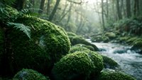 Moss-covered rocks beside flowing stream in lush green forest with sunlight filtering through trees creating peaceful natural woodland scene for relaxation content.