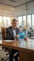 Mature Caucasian businessman analyzing financial data on tablet in modern office boardroom for corporate strategy and business intelligence presentations.