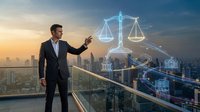 Businessman in suit touching glowing justice scales hologram on city skyline at sunset, symbolizing law, legal tech, and urban finance.