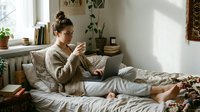 Young Caucasian woman in cozy sweater relaxing on bed with laptop and coffee cup, working from home in a warm, stylish bedroom interior.