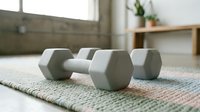Pair of gray concrete dumbbells on woven exercise mat in bright home gym with natural light, suitable for fitness and wellness content.