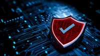 Red shield with checkmark on glowing circuit board background represents cybersecurity and digital protection concept for technology and data safety.