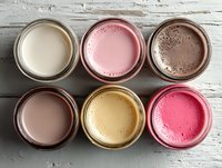 Assortment of colorful milkshakes or smoothies in glass jars on rustic white wooden background, featuring vanilla, strawberry, chocolate, and fruit flavors.