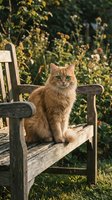 Fluffy ginger tabby cat with striking green eyes sitting on weathered wooden Adirondack chair in lush garden setting with blooming flowers and foliage.