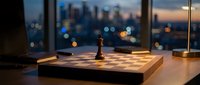 Wooden chess board with single piece on desk by window overlooking city skyline at dusk, suitable for business strategy and leadership concepts.