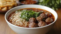Hearty meatball noodle soup with fresh herbs in white bowl, comfort food meal with savory broth and tender beef meatballs for restaurant menu design.